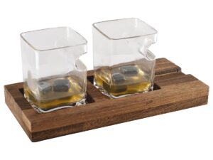 Duo whisky twee glazen houten steun 4 ijsblokjes keramiek