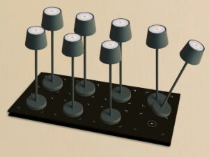 Combi Set Professional-8 X Vondel Mini Stone Gray Oplaadbare tafellampen & 1 x Central Station Draadloos laadstation met Q1-Technology N