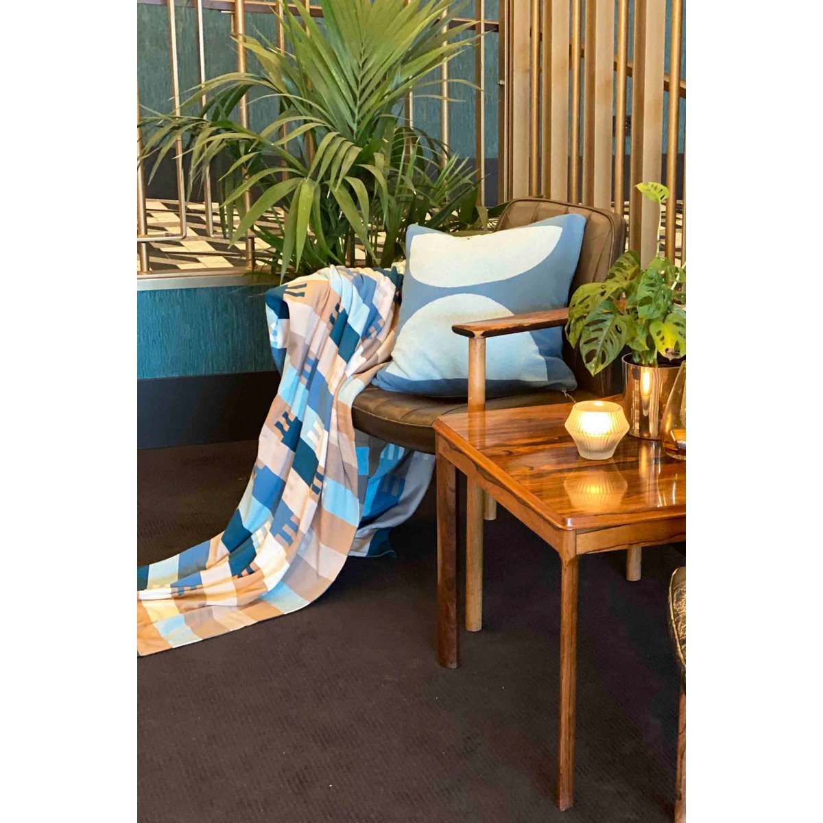 Fredrik deken blauw, zacht jacquard gebreide katoen - Afbeelding 3