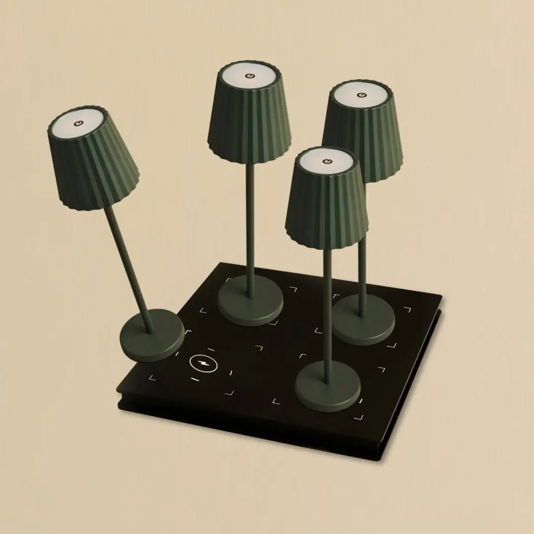 Combi Set Professional-4 x Maya Olive Green Oplaadbare tafellampen en 1 x Amstel Wireless Laying Station met Qi-Technology