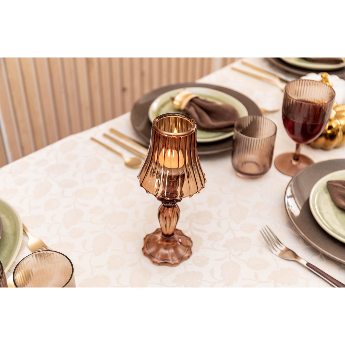 BRUINE KANDELAAR OP GLAZEN STANDAARD 10X10X24,5CM - Afbeelding 2