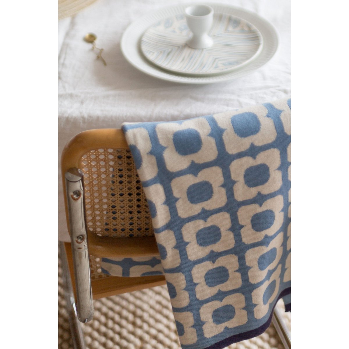 Doris deken blauw, zacht jacquard gebreide katoen