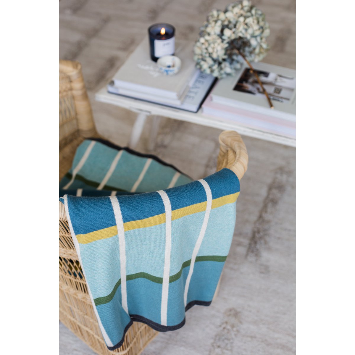 Alvin Deken Blauw, zacht jacquard gebreid katoen