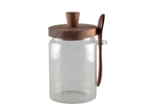 Glazen suikerpot met deksel en houten lepel