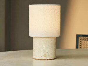 Dou Beige / Travertino Classico - Travertine oplaadbare tafellamp - draadloos, 3 lichte modi en met linnen verwisselbare lampenkap