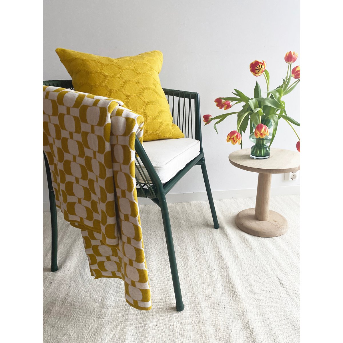 Edith deken licht olijf, zacht jacquard gebreide katoen