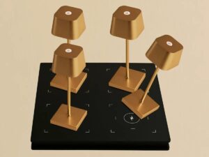 Combi Set Professional-4 x Sarphati Mini Gold Oplaadbare tafellampen & 1 x Amstel Wireless Lay Station met Qi-Technology