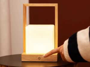 Noah lichtbruine houten oplaadbare tafellamp met glas en houten handgreep