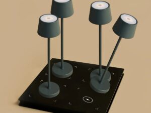 Combi Set Professional – 4 x Vondel Mini Stone Grey Rechargeable Table Lamps & 1 x Amstel Wireless Charging Station with Q1-Technology