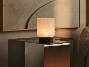 Gierstbruin / emperador donker - marmeren oplaadbare tafellamp - 3 lichte modi, draadloos en met glazen verwisselbare lampenkap