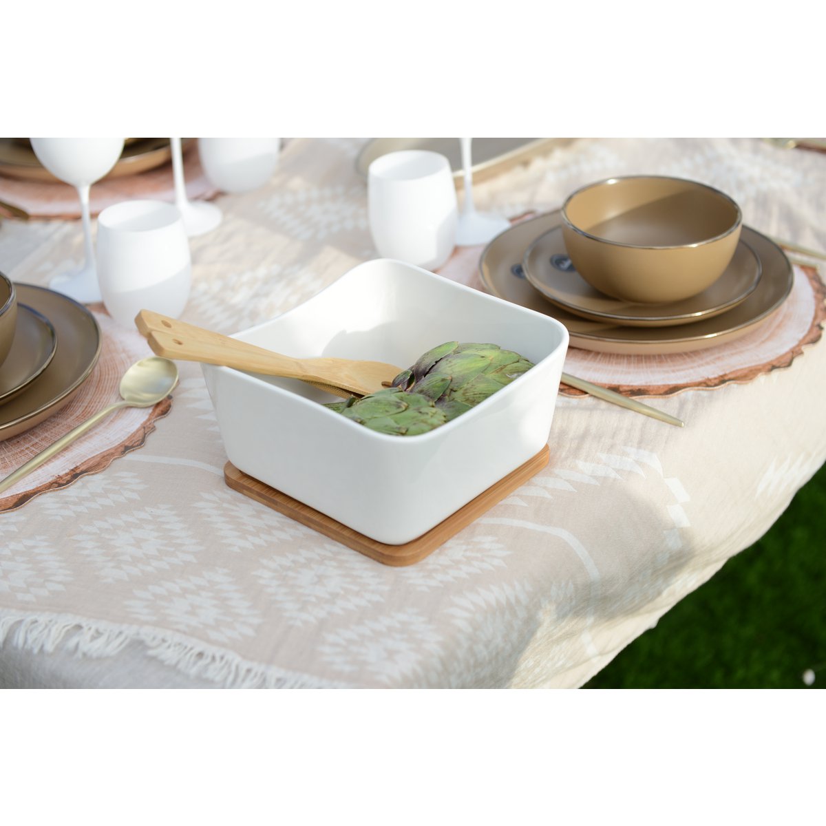 Porselein en bamboe kom met bestek - Afbeelding 2