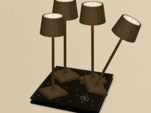 Combi Set Professional-4 X Wouter Mocha Brown Oplaadbare tafellampen & 1 x Amstel Wireless Laying Station met Qi-Technology