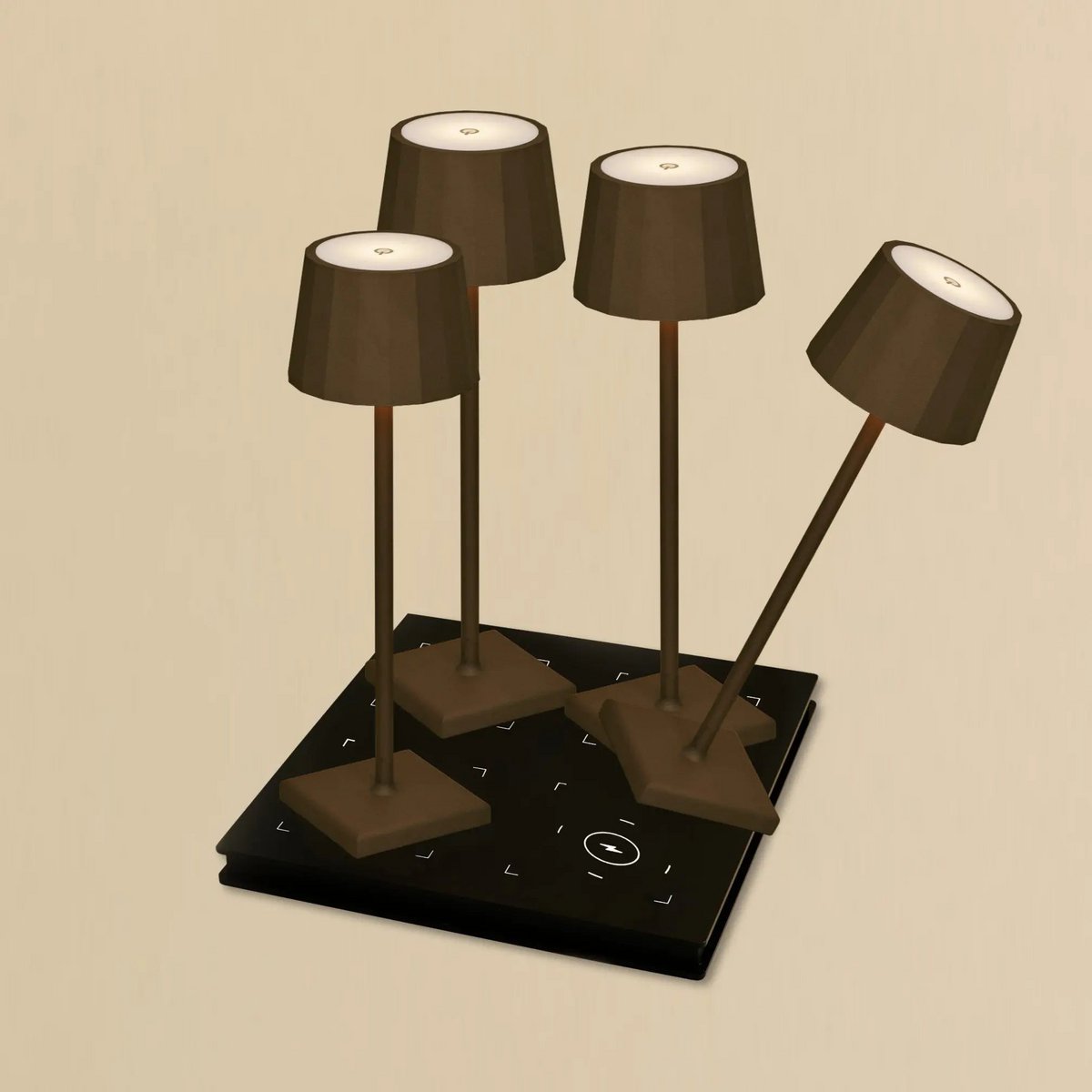 Combi Set Professional-4 X Wouter Mocha Brown Oplaadbare tafellampen & 1 x Amstel Wireless Laying Station met Qi-Technology