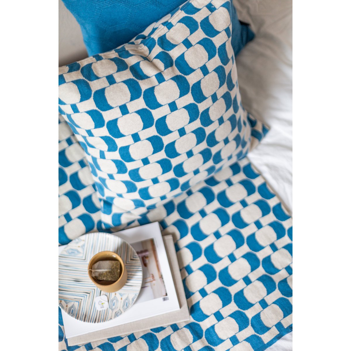 Edith deken blauw, zacht jacquard gebreide katoen