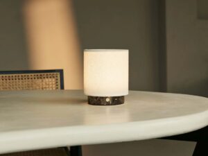 Mauve Cream & Brown / Emperador Dark - Marmeren oplaadbare tafellamp - 3 lichte modi, draadloos & & met linnen verwisselbare lampenkap