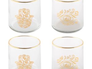 Waterglazen, 4 stuks met Fatima hand en oog patroon in goudkleur