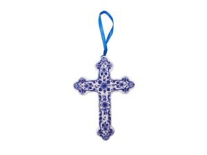 Kerstornament Kruis met Delfts Blauw bloemmotief